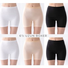 Olizza Kadın Uzun Boxer Külot 6'lı Pamuklu Likralı Yüksek Bel Iç Çamaşır (Siyah Beyaz Ten Her Renk 2 Adet)