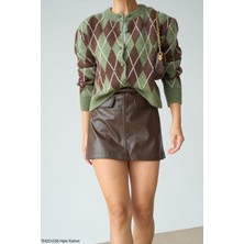 Deva By Gülten Berk Yeşil Kahverengi Baklava Desenli Yumoş Hırka