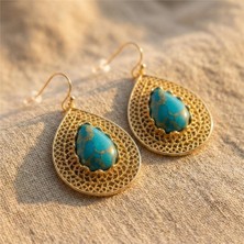 Zeino Mavi Taşlı Damla Küpe - 14K Altın Kaplama - 45 mm