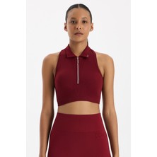 COMEUP Fermuarlı Pedli Polo Yaka Crop Top Scarlet Kırmızısı