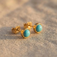 Zeino Turkuaz Taşlı Mini Çelik Küpe - 18K Altın Rengi Kaplama, 5 mm Çap