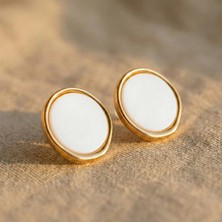 Zeino Beyaz Mineli Yuvarlak Halka Küpe - 14K Altın Kaplama - 25 mm çap