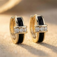 Zeino Siyah Detaylı Taşlı Halka Küpe - 14K Altın Kaplama - 17 mm çap
