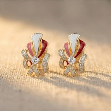 Zeino Kırmızı Beyaz Kurdele Desenli Küpe - 14K Altın Rengi Kaplama, 1,8 cm