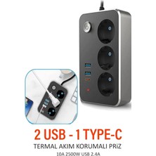 Privo Termal Akım Korumalı 3lü Priz 3 USB Girişli 2 Metre Uzatma Kablosu Isıya Dayanıklı Akıllı Grup Priz