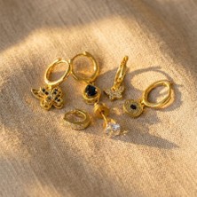 Zeino Lacivert Zirkon Taşlı Damla, Kelebek Detaylı 5'li Küpe Seti - 14K Altın Rengi Kaplama