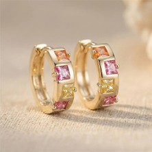 Zeino Pembe Sarı Fuşya Taşlı Halka Çelik Küpe - 14K Altın Kaplama - 1 cm çap