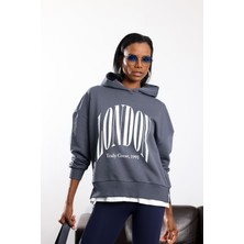 Deva By Gülten Berk Antrasit Baskılı Tişört Detaylı Kapüşonlu Sweatshirt