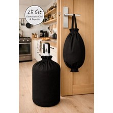 Yuvol Keten Siyah Damacan Kılıfı + Çift Lastikli Kumaş Poşetlik, 2’li Mutfak Organizeri Seti