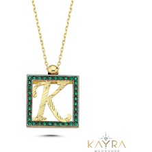 Kayra Mücevher K Harfi Yeşil Taşlı Altın Kolye TSR13