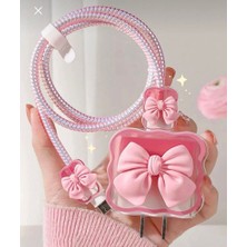 Coquette Serisi Pembe Kurdele Detaylı Şarj Kablosu ve Adaptör Koruyucu Set