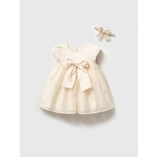 Minipomes Fiyonklu ve Taş Detaylı Kız Bebek Elbise Krem