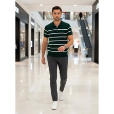 Nakşi Giyim Erkek Polo Yaka Çizgili Triko Tişört Yarım Fermuarlı Kısa Kollu Günlük Şık Üst