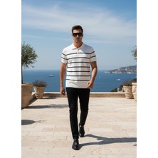 Nakşi Giyim Erkek Polo Yaka Çizgili Triko Tişört Yarım Fermuarlı Kısa Kollu Günlük Şık Üst