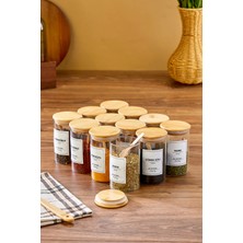 12'li Etiketli 250ML Bambu Vakum Kapaklı Borosilikat Cam Baharatlık Saklama Kabı Seti(Kaşık Dahil)