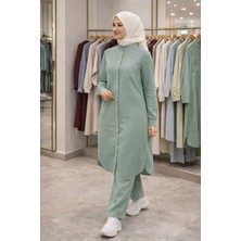 Moda %100 Tensel Kumaş 110 cm Uzun Tunik Pantolon Takım Düğmeli Tesettür Ikili Takım (1-2-3-4 Beden)