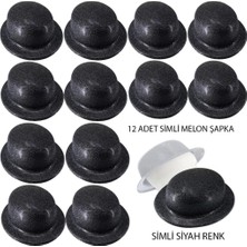 Twox Çocuk   siyah Renk Simli Melon Yuvarlak Parti Şapkası 12 Adet