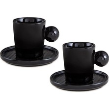 Braventa Collection Jumbo Golfline Siyah 2'li Tabaklı Kahve Fincan Takımı 90 cc