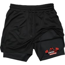 Machi Makiteks Siyah Taytlı Şort Crossfit Addicted Baskılı Çift Katlı Hızlı Kuruyan Spor Şortu Fitness Gym