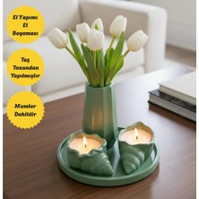 4 Parça Yeşil Dekoratif Set - Istiridye Mumlu, Vazolu, Yuvarlak Tepsili (Çiçek Dahil Değildir)