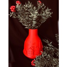 LUNALAB3D Köy Temalı Dekoratif Vazo - Kabartma Tasarımlı Kırmızı Obje