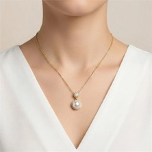 Zeino İncili Zirkon Taşlı Zincir Kolye 14K Altın Kaplama - 45+5 cm