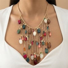 Zeino Renkli Taşlı Püskül Detaylı Uzun Zincir Çelik Kolye 14K Altın Rengi Kaplama, 50+5 cm