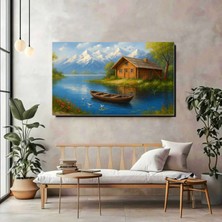 Artprinta Dağ Manzaralı Göl ve Ahşap Kulübe Panoramik Kanvas Tablo – Doğa Temalı Duvar Dekoru