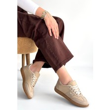 Alfaze Bej Cilt Ortopedik Bağcıklı Spor Ayakkabı Topuk Boyu 2 cm