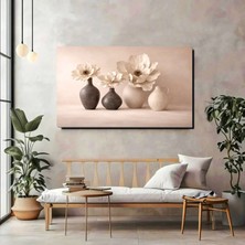 Artprinta Bej Çiçekli Vazo Panoramik Kanvas Tablo – Minimal ve Modern Duvar Dekoru