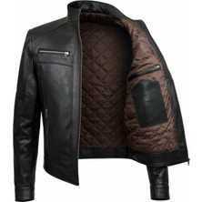 Tabakhanem Erkek Hakiki Deri Siyah Dik Yaka Deri Ceket | Kapitoneli Astarlı, Fermuarlı, Göğüs Fermuar Cepli