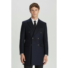 Sabri Özel Giotelli Lacivert Slim Fit Yün Karışımlı Sivri Yaka Kruvaze 6 Drop Orta Boy Erkek Palto