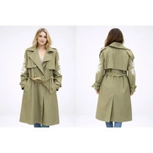 İnce Moda Giyim Nakış Detaylı Kemerli Uzun Trençkot – Bej-Haki