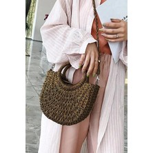 Fashion Cocktail Katı Sert Örgü Yarım Ay Saplı Askılı Astar Büzgülü Bohem Minik Mini Boy Hasır Çanta