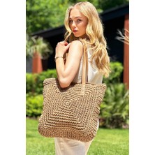 Fashion Cocktail Fashion Fermuarlı Astarlı Cepli Kare Örgü Plaj Çantası Camel Renkli Yazlık Şık Aksesuar