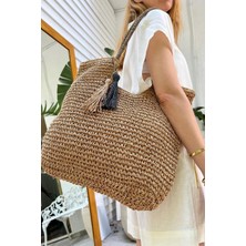 Fashion Cocktail Zebra Desen Fermuarlı Astarlı Cepli Omuz Askılı Sahil Plaj Beach Club Hasır Çanta