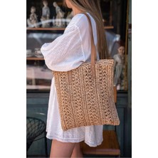 Fashion Cocktail Deri Saplı Fermuarlı Iç Cepli Kare Örgü Yazlık Sahil Plaj Beachwear Hasır Örgü Ithal Çanta
