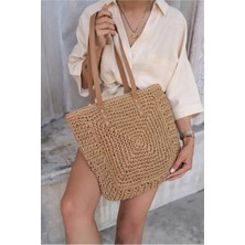 Fashion Cocktail Fermuarlı Astarı Cepli Kare Örgü Ithal Tatil Plaj Hasır Çantası