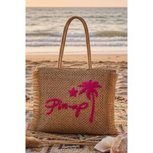 Fashion Cocktail Pin-Up Star Yanları Püsküllü Büyük Boy Geniş Hacimli Fermuarlı Palmiyeli Hasır Örme Çanta