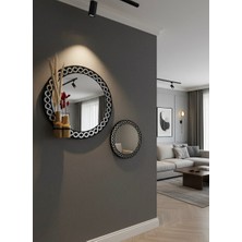 Nera Tasarım Gümüş Desenli Ahşap Yuvarlak Duvar Aynası - Dekoratif Saksılı Duvar Ayna Seti (40CM ve 20CM)
