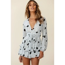 Fashion Cocktail Elbise Görünümlü Kemerli V Yaka Yazlık Sahil Şifon Şort Tulum Puantiyeli Kırık Beyaz