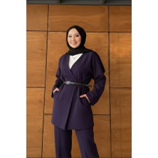 Molly Nelly Kadın Kemerli Kimono Astarlı Ceket Uzun Kollu Lacivert Pamuk Polyester Modern Tasarım