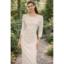 İnce Moda Giyim Madonna Yaka Drapeli Uzun Elbise – Ekru