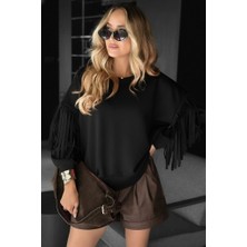 Veralya Kadın Uzun Kollu Bisiklet Yaka Kolları Püsküllü Modal Bluz