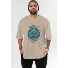 Ankhises Thrym Ön Baskılı Bej Oversize T-Shirt Erkek Kadın Pamuk Bisiklet Yaka Tişort
