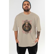 Ankhises Freya Ön Baskılı Bej Oversize T-Shirt Erkek Kadın Pamuk Bisiklet Yaka Tişort