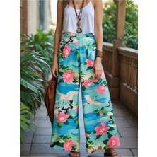 Fashion Cocktail Yeşil Japon Turna Kuşu Desenli Geniş Bol Paça Ipeksi Bohem Pantolon Yeşil