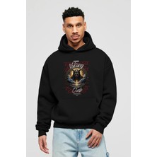 Ankhises Viking Mitolojisi Serisi 9 Ön Baskılı Siyah Oversize Kapüşonlu Sweatshirt Erkek Kadın