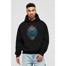 Ankhises Njord Ön Baskılı Siyah Oversize Kapüşonlu Sweatshirt Erkek Kadın