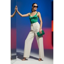 Fashion Cocktail Palazzo Çift Cepli Ofis Günlük Boru Paça Yüksek Bel Günlük Kombin Pantolon Naturel Taş